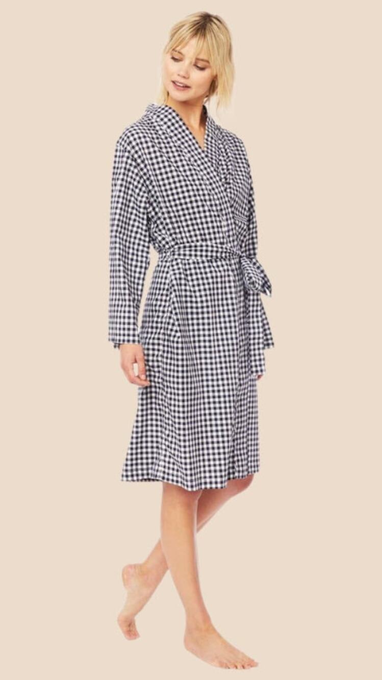 The Cat's Pajamas Gingham Luxe Pima Kimono Robe Navy White Plaid Small/Medium